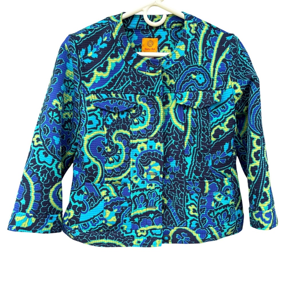 Ruby Rd Womens‎ Quilted Jacket Sz 8 Blue Green Abstract Print Lightweight